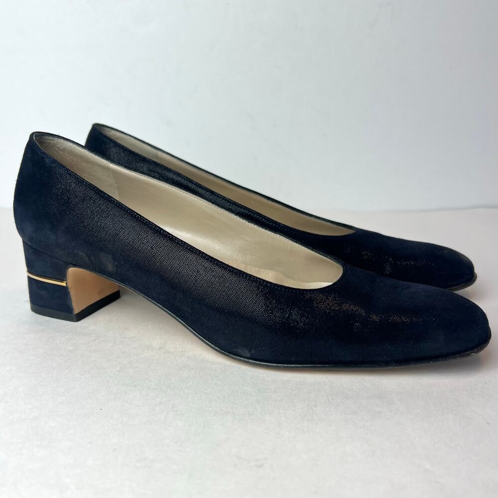 Salvatore Ferragamo Black Shimmer Pumps w/ Gold Detail on Heel Sz 7.5 2A